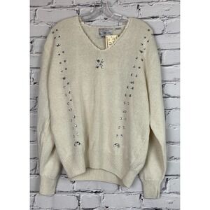Retro Maurada Sweater Women's Large Ivory V Neck Knit Pullover Embellishment VTG
